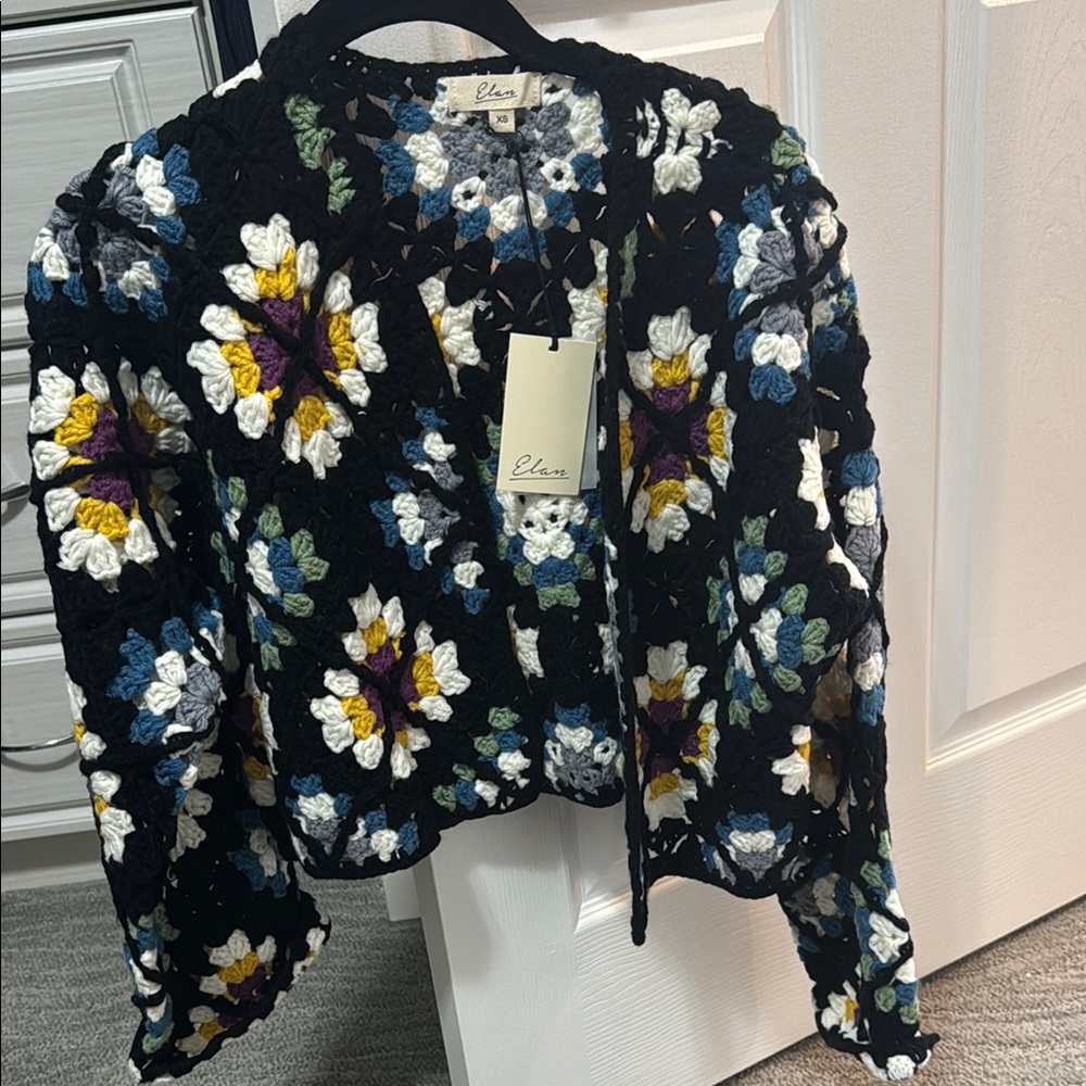 Elan Black Floral Crochet Cardigan